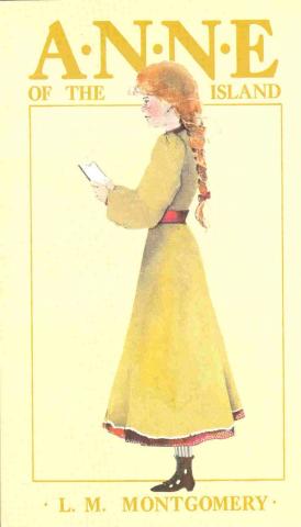 Book cover of Anne of the Island. Anne is wearing a yellow dress. She is reading a book and facing left.   