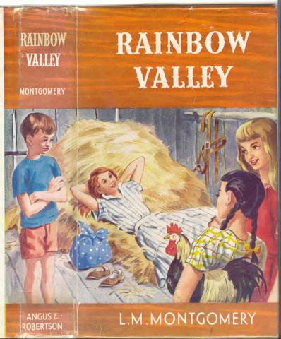 Painted book cover of Rainbow Valley. Four children are in a barn. One is holding a rooster, two are standing, and a fourth is lying in a pile of hay.  