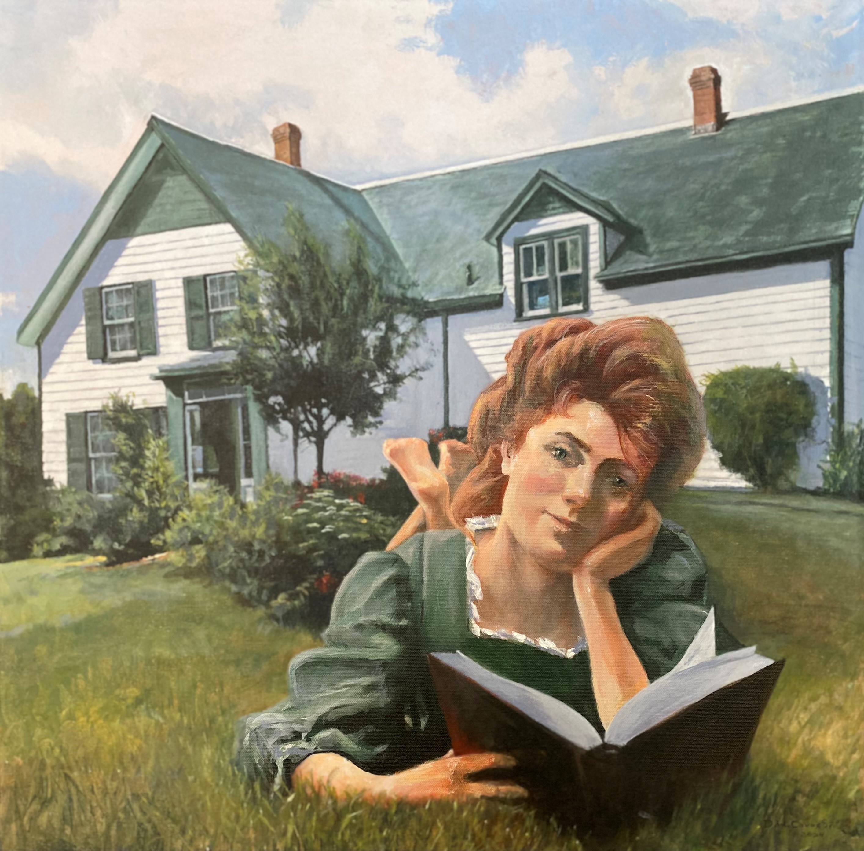 The subject is a young woman, Lucy Maud Montgomery, lying on a sun-dappled lawn as she reads a book in front of a green-gabled country house. She pauses, gazing out toward the viewers and seemingly beyond as she first imagines the character and stories of Anne Shirley, a.k.a Anne of Green Gables.