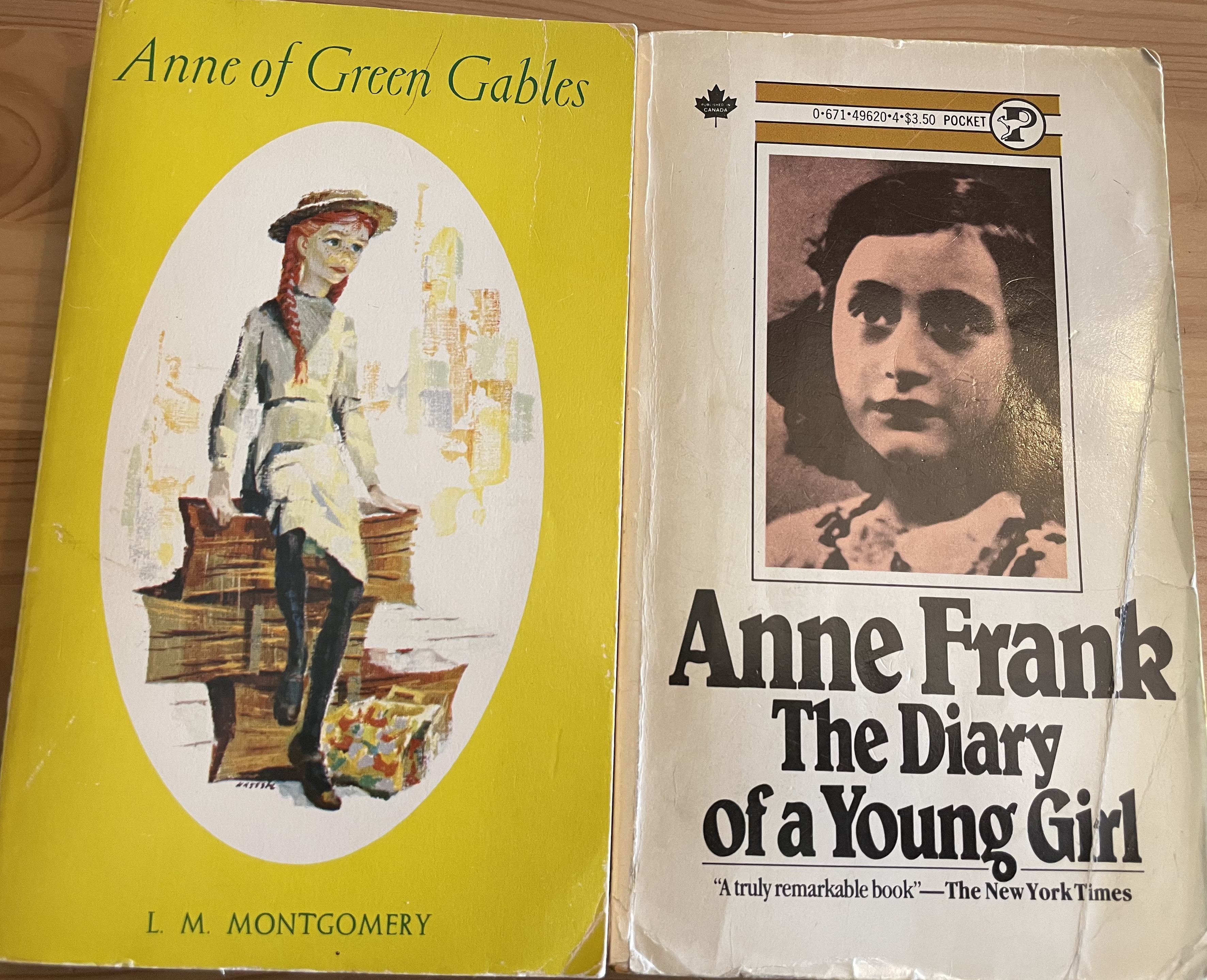 Book covers of Anne of Green Gables on the left and Anne Frank: The Diary of a Young Girl on the right.  