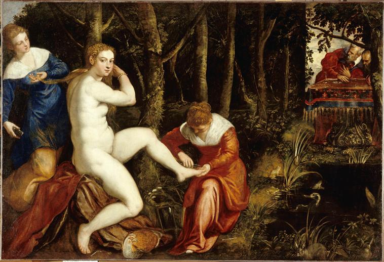 Susanna, an undressed, pale-skinned woman with loose golden hair, is tended by her two maids. One maid, in blue, tends Susanna’s hair while the other, in red, does a pedicure. Two men gaze at her from behind a table near a tree.