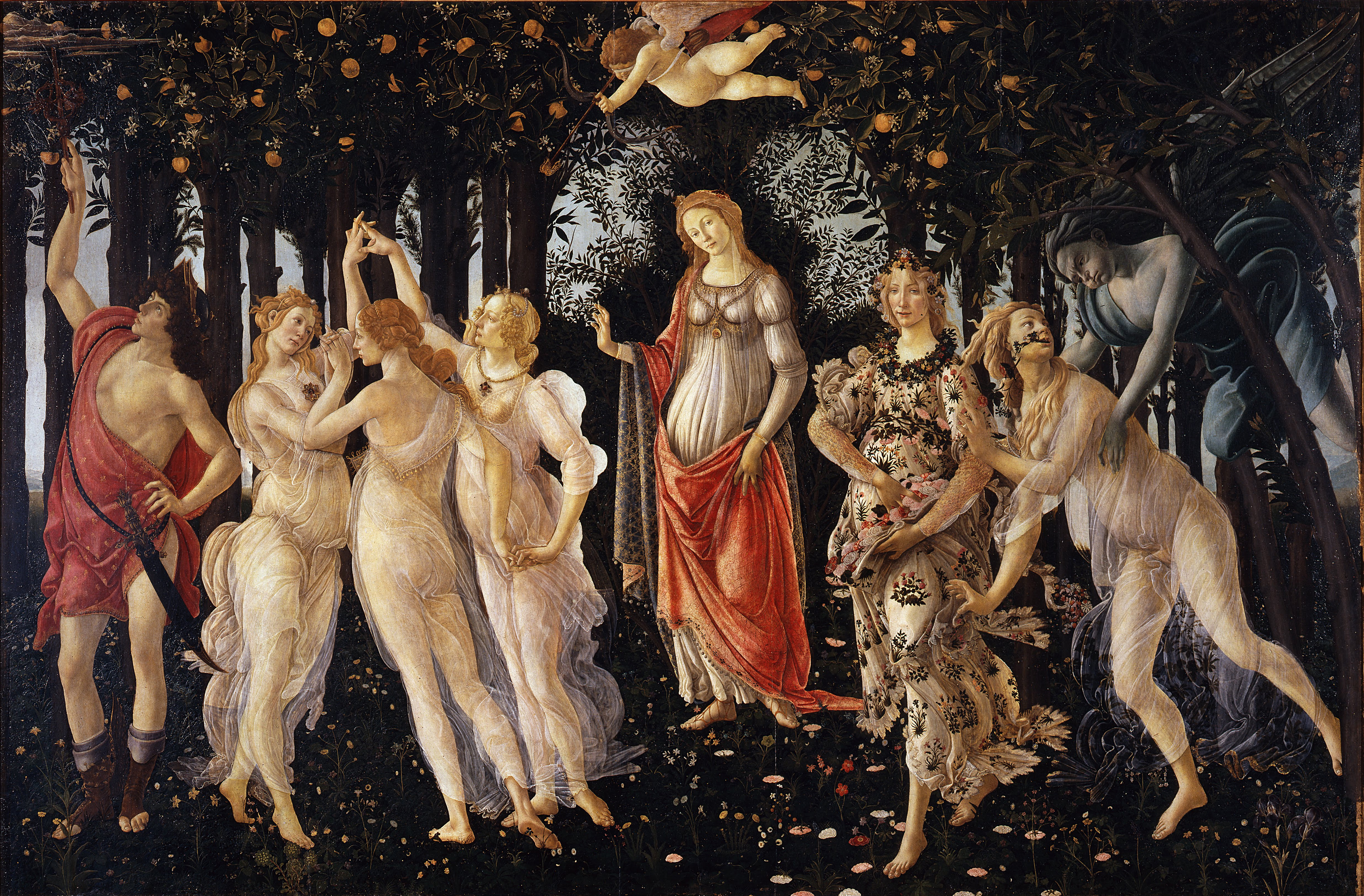 Venus with red drapery and blue dress stands slightly off centre, flanked on the left by the Three Graces and Mercury and on the right by the nymph Chloris, the goddess Flora, and March wind Zephyrus. A blindfolded Cupid with bow aimed left hangs over Venus.