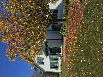 Photograph of white house with green gables and tree with falling leaves in the foreground.