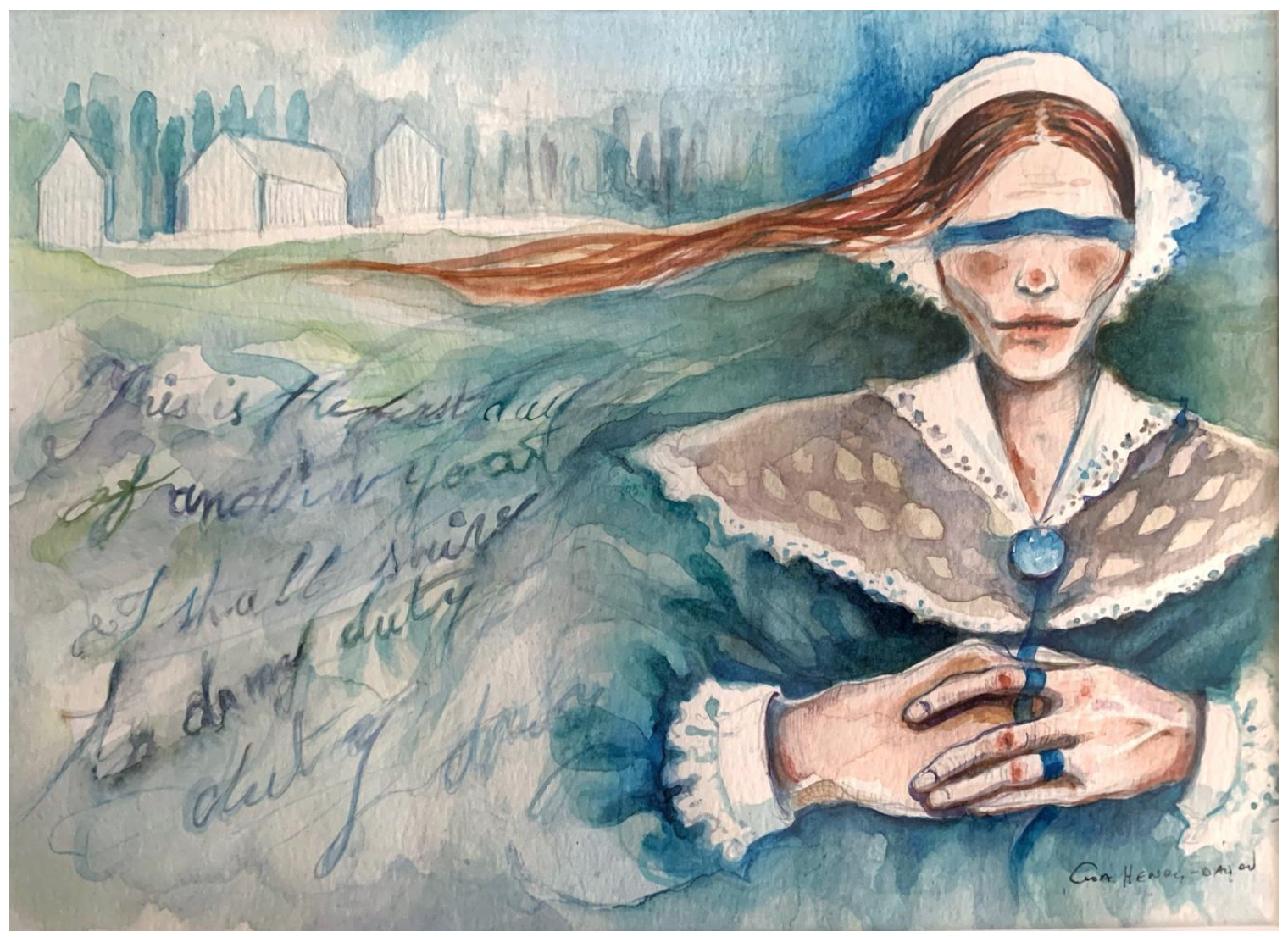 A woman with folded hands in prayer, a blue ribbon over her eyes and through her fingers, set against a rural background.