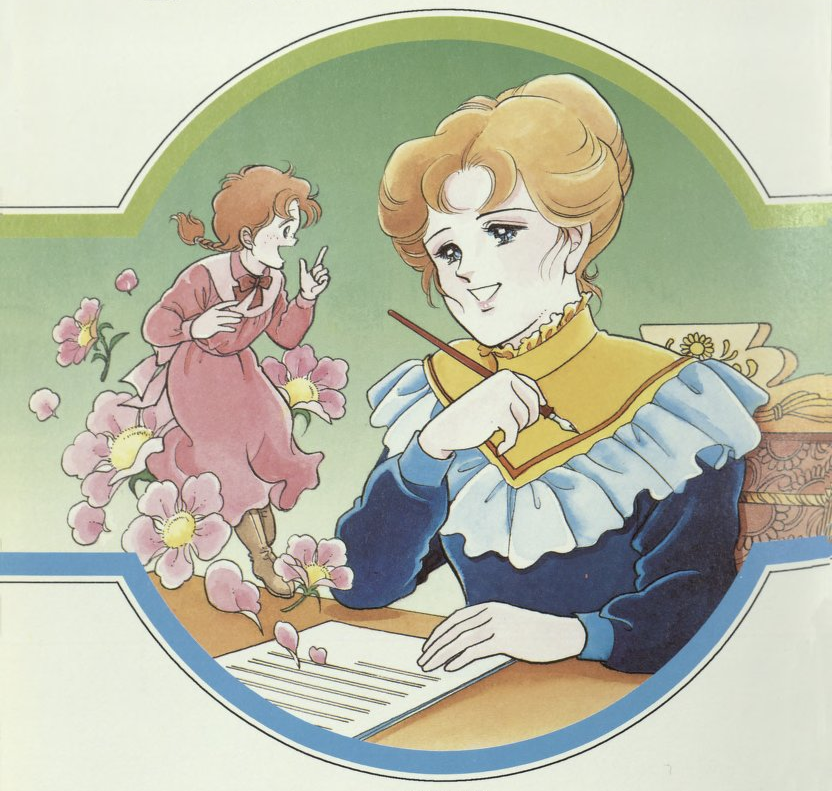 Drawing of a woman with light brown hair at a table. Floating in the foreground is a small girl with red hair surrounded by flowers. 