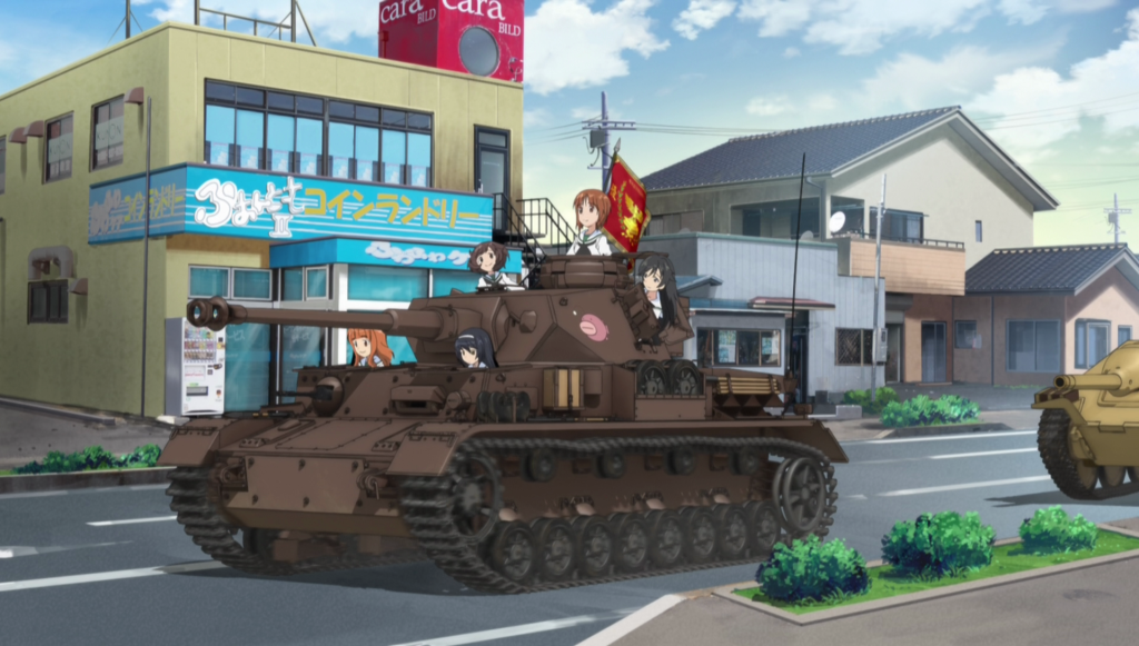 Anime-style illustrated image of the photograph of Ekimae Street. There are women riding tanks in the foreground. 