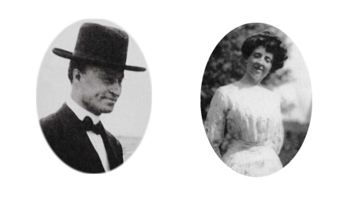 Left: A cropped image headshot from early the 1900s of Ewen Macdonald wearing a tall dark hat, and smiling with dimples. Right: A cropped image of a smiling L.M. Montgomery modelling a white trousseau dress before her wedding.