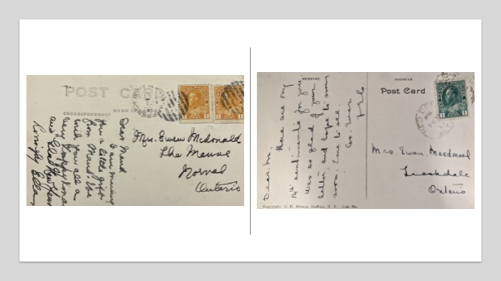 Left: Handwriting on a postcard with a red stamp addressed to Mrs. Ewen Mcdonald. | Right: Handwriting on a postcard with a green stamp addressed to Mrs. Ewen Macdonald. 