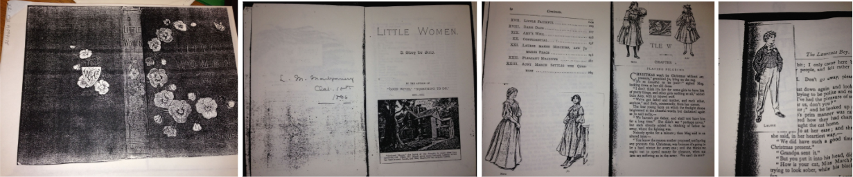 Four images of Montgomery's copy of Little Women. The pictures are in black and white and were heavily used