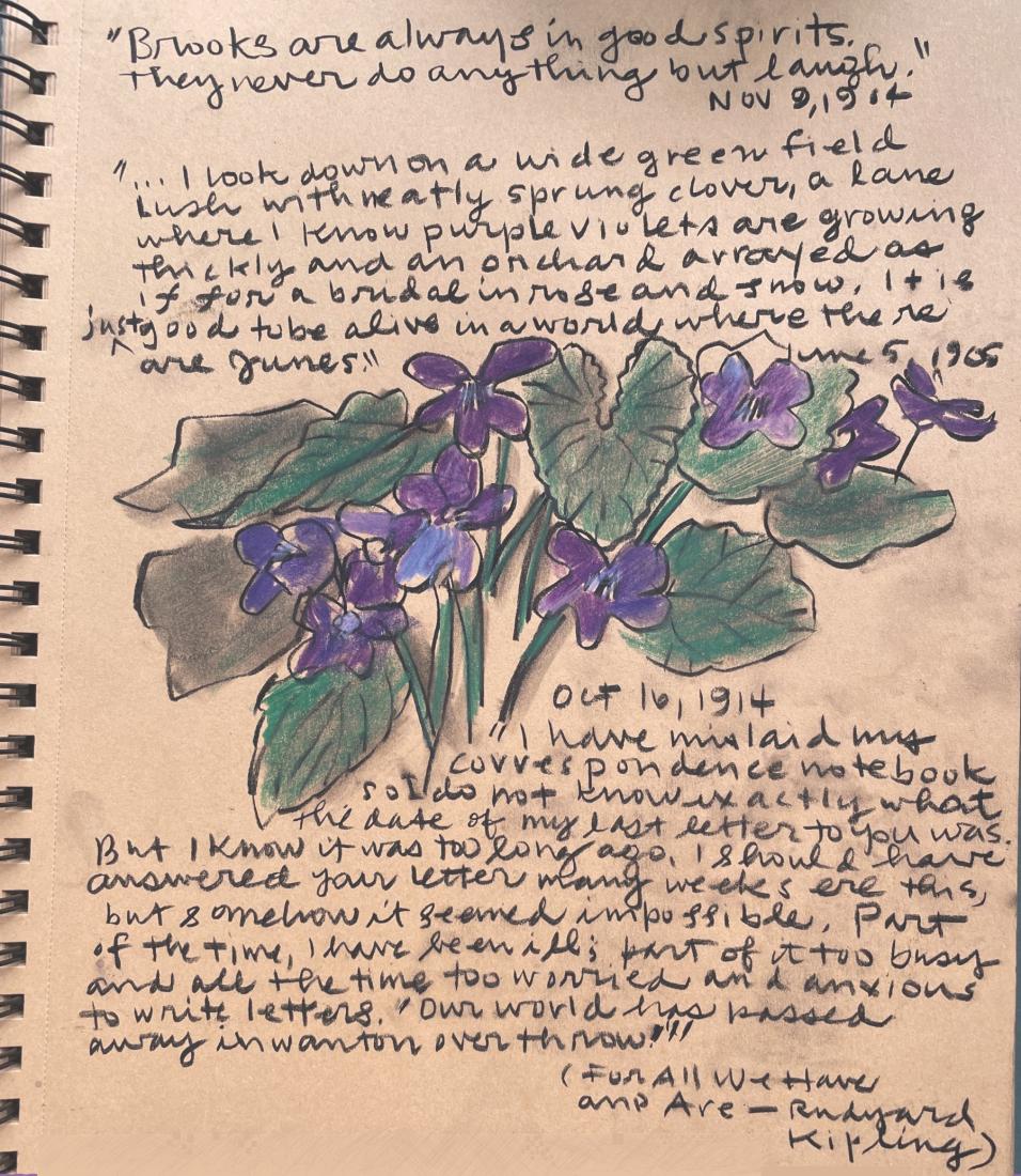 A drawing of blue and purple violets surrounded by green leaves. Three nature-related quotations are handwritten around the flowers.