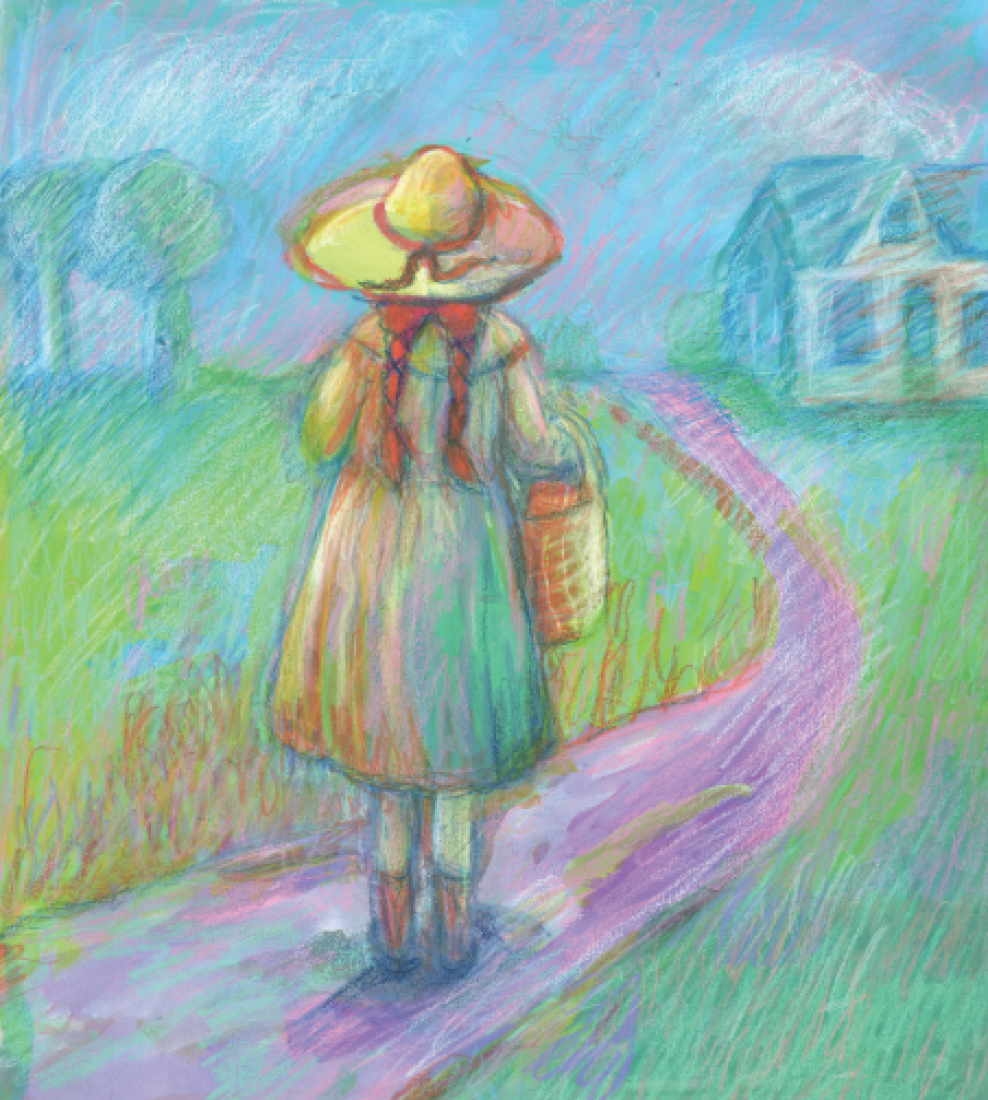 “Anne!” a painting by Phoebe Stone in gouache and pastel of a young girl seen from the back walking along a path toward a house, her yellow hat glowing with sunlight.