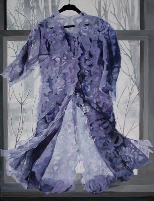 A purple snowflake-patterned dress on a hanger in a window with a snowy background partially visible.