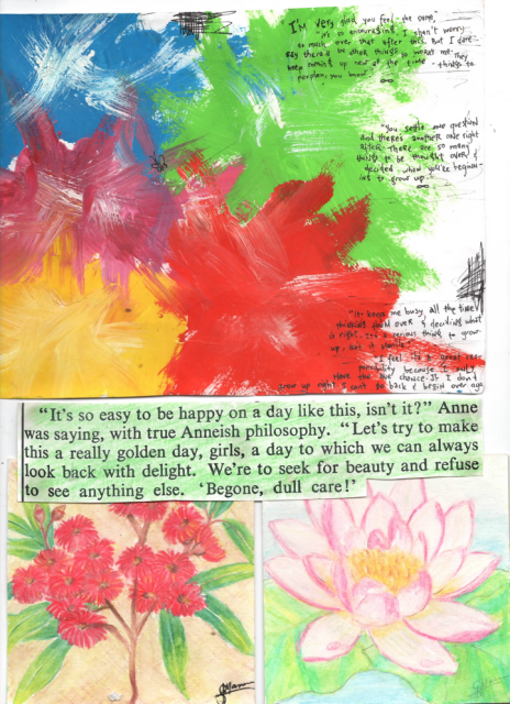 Collage of bright-coloured spatters, watercolour drawings (red eucalypt blossoms, pink water lily), and Anne Shirley quotations.