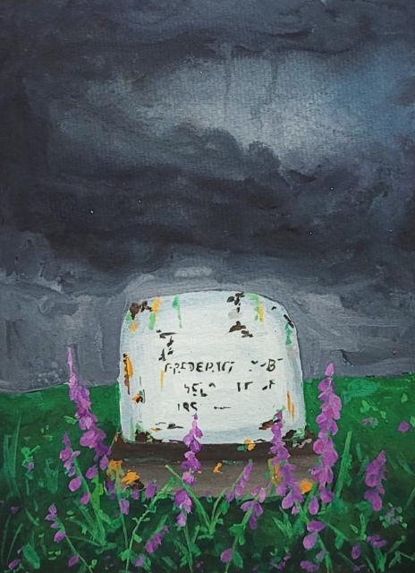 Finding Frede Watercolour painting of a grey gravestone with indistinct markings and surrounded by green grass, purple spiked flowers, and small orange flowers, under a brooding grey sky.