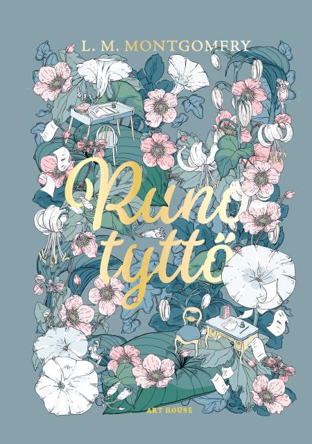 Book cover with a print pattern of flowers, leaves, and writing desks in white, pink, and green on a greyish-blue background with the title in gold letters.