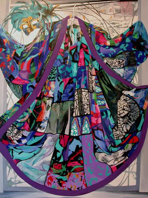 A painting of a colourful dress coat hanging on a hanger in a window with a snowy background partially visible. In the left-hand corner is a gold mask with green feathers.