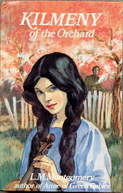 Illustration of a girl with dark hair holding a violin. In the background are trees with orange leaves.