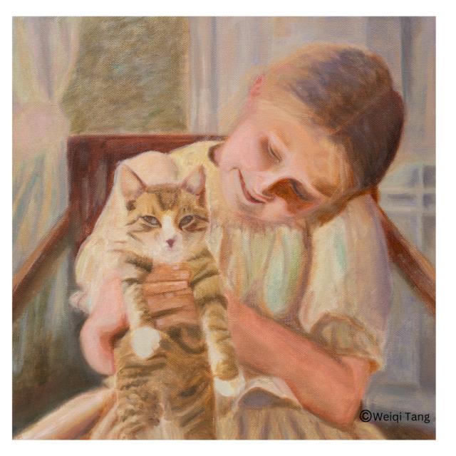 painting of a girl holding a cat.