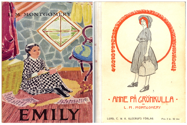 Two drawn Swedish book covers. On the left is a girl sitting by a window writing. On the right is a girl holding a bag. 