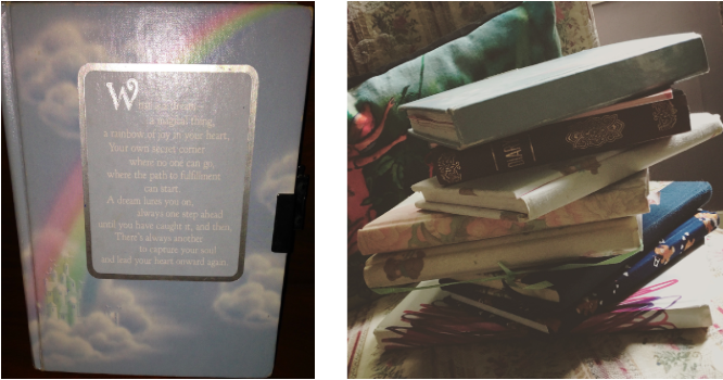 Picture of Melanie Fishbane's personal Journals. On the left is her first diary which has a blue background with a castle on clouds with a rainbow coming across the page. The second picture is a stack of her teen journals. They are neutral colours stacked onto of each other