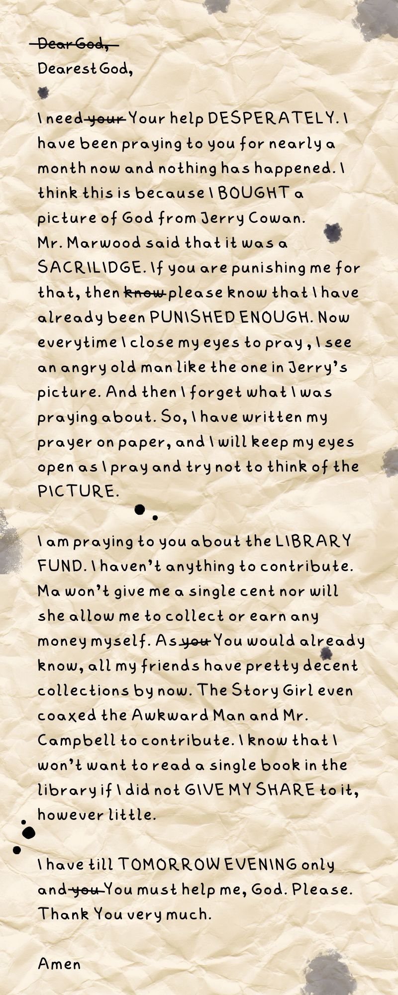 Handwritten prayer written as a letter to Dearest God, with misspellings and words crossed out.