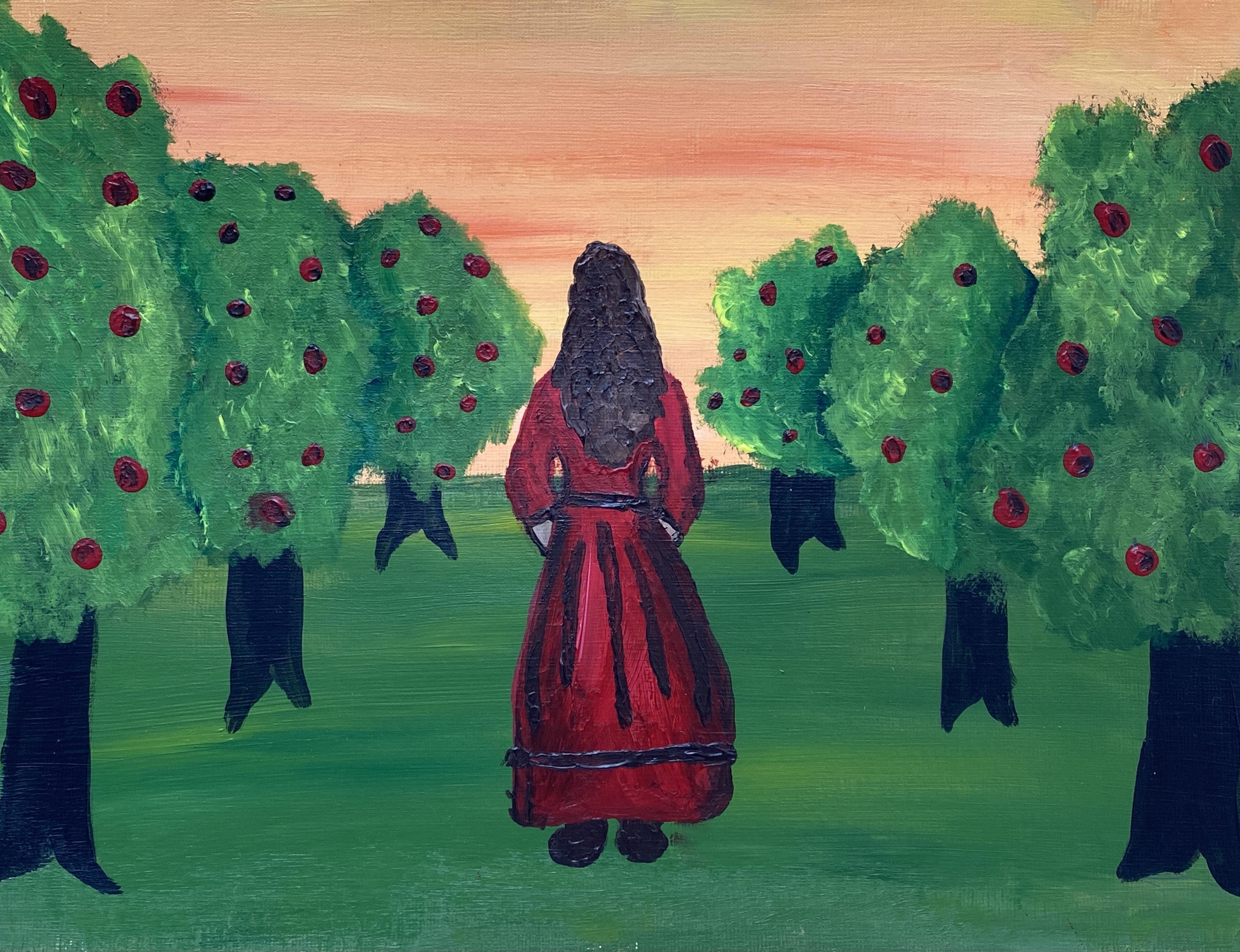 The Story Girl gazes over the King Orchard at the sunrise of orange and yellow hues. Made with acrylic paint on canvas.