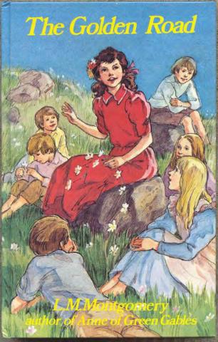 Painted book cover of The Golden Road. A woman sits on a rock outdoors holding a flower. Several children are sitting around her. 