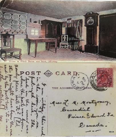 Photo of a postcard. The top (front) is a photo of a room with a grandfather clock and desk. The bottom (back) is a written message to Montgomery. 