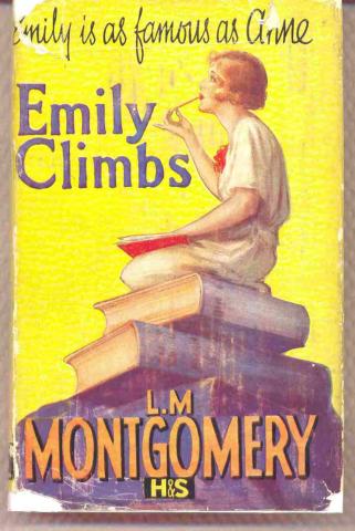 Drawn book cover of Emily Climbs. A girl is depicted sitting on top of a stack of books holding a pencil and paper. The background is yellow.
