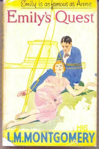 Drawn book cover of Emily’s Quest. A woman is lying on a man's lap. An outline of a large yellow quill is to the left of them. 