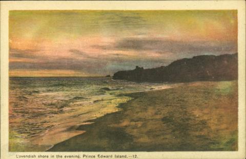 Front of a postcard depicting the Cavendish shore, PEI. The sky is pink and purple and is reflected on the water below.