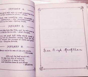 Photograph of MacMillan birthday book. Dates and text on the left and the text “Geo. Boyd MacMillan” on the right.