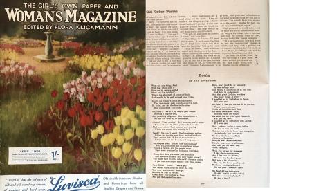 Photograph of The Girl’s Own Paper and Women’s Magazine. On the left is a garden with tulips lining a path. On the right is a page of text.