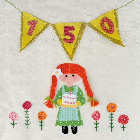 Anne holds a cake under a banner that reads "150"