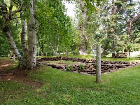 A photograph of a foundation and cellar set in a green lawn and surrounded by trees in leaf.
