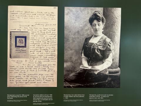 Green background, on the left a handwritten journal entry with a small photo of the book cover; on the right a black-and-white portrait of Montgomery.