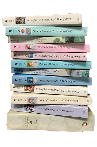 Image of the spines of the Anne books stacked vertically.  
