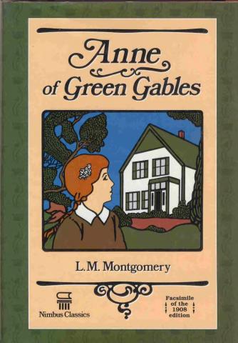 Digital image of a book cover. A girl with red hair is looking back at a house with a green roof and shutters.  