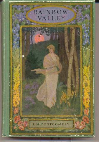 Drawn book cover of Rainbow Valley. A woman is standing in the forest with a scarf wrapped around her shoulders. The sun is setting in the distance.  