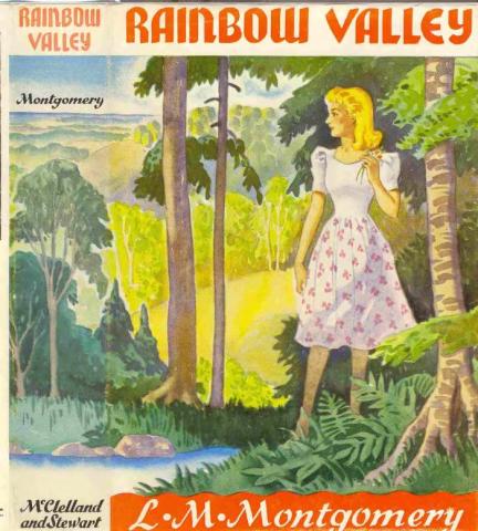 Painted book cover of Rainbow Valley. A woman is standing in a forest at the foot of a body of water.  