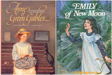 Two painted book covers. On the left a girl with braided red hair and a hat is sitting on a bench holding a bag. On the right a girl with black hair is reaching out to touch something. A shadow of a woman is behind her. 
