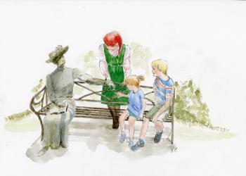 A young guide dressed as Anne of Green Gables introduces a boy and girl to the sculpture of Lucy Maud Montgomery. The bronze sculpture, by Wynn Walters, depicts Maud sitting on a garden bench, a book on her lap. The children sit beside the statue as “Anne” leans over from behind the bench and chats with the children.